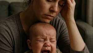 verzweifelte Mutter mit Schreibaby